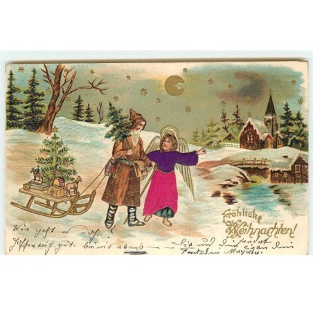 n°16530 - Carte Gaufrée - Fröhliche Weihnachten - Père Noël et Ange Gardien apportant des cadeaux