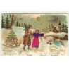 n°16530 - Carte Gaufrée - Fröhliche Weihnachten - Père Noël et Ange Gardien apportant des cadeaux