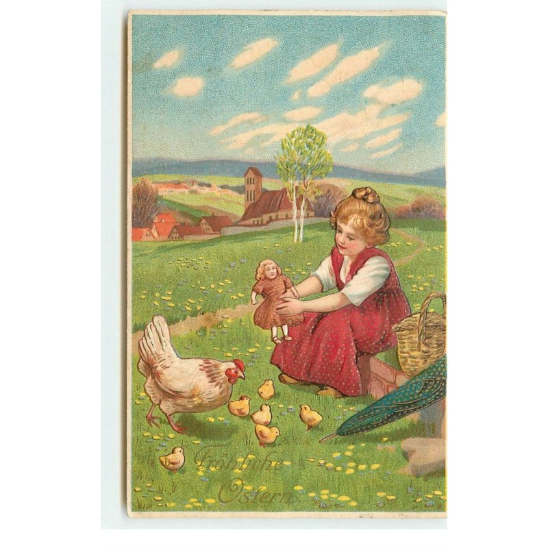 n°16538 - Carte Gaufrée - Fröhliche Ostern - Fillette montrant sa poupée à une famille de poule et poussin