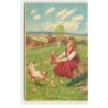 n°16538 - Carte Gaufrée - Fröhliche Ostern - Fillette montrant sa poupée à une famille de poule et poussin