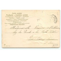 n°16539 - Carte Gaufrée - Joyeuses Pâques - Garçon poussant un oeuf sur une colline, au fond un moulin à vent