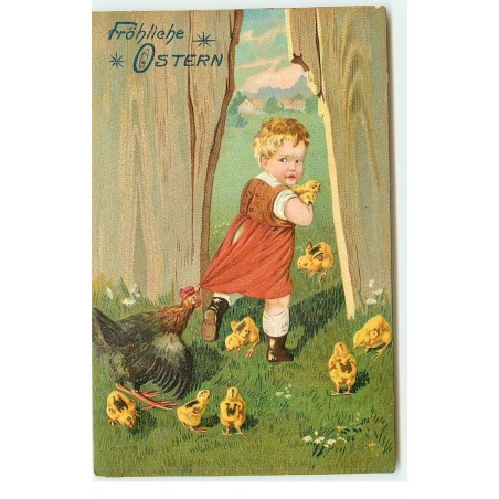 n°16540 - Carte Gaufrée - Fröhliche Ostern - Fillette tenant des poussins, poursuivie par une poule