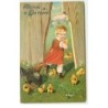 n°16540 - Carte Gaufrée - Fröhliche Ostern - Fillette tenant des poussins, poursuivie par une poule