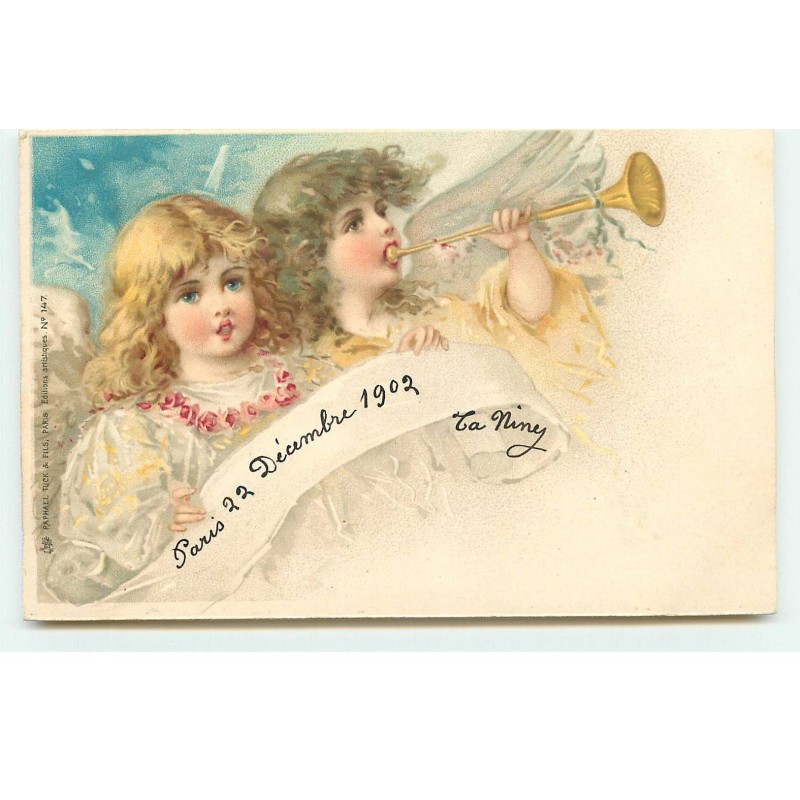 n°16543 - Raphael Tuck - Anges, l'un chantant et un autre jouant de la trompette