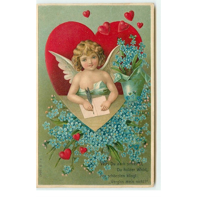 n°16546 - Carte Gaufrée - Ange dans un coeur écrivant une lettre, parmi des myosotis