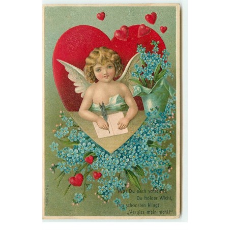 n°16546 - Carte Gaufrée - Ange dans un coeur écrivant une lettre, parmi des myosotis