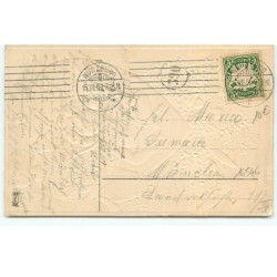 n°16546 - Carte Gaufrée - Ange dans un coeur écrivant une lettre, parmi des myosotis