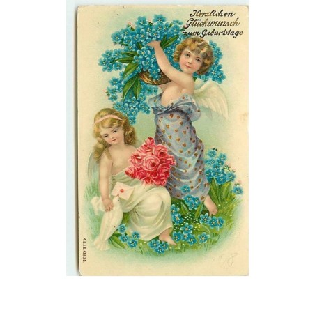 n°10597 - Herzlichen Glückwunsch zum Geburtstage - Anges apportant des fleurs