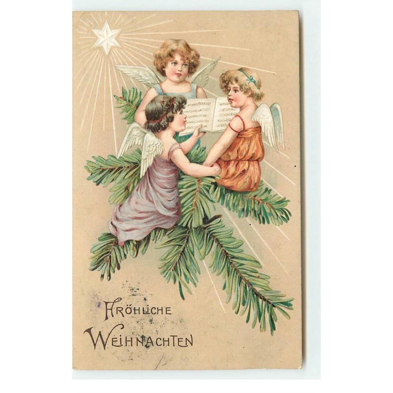n°16560 - Carte Gaufrée - Fröhliche Weihnachten - Anges assis sur une branche de sapin chantant