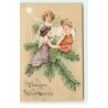 n°16560 - Carte Gaufrée - Fröhliche Weihnachten - Anges assis sur une branche de sapin chantant