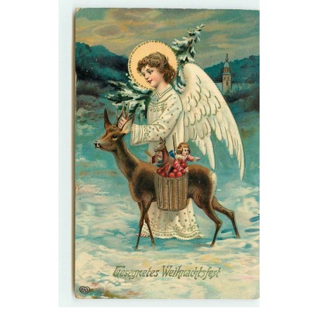 n°16564 - Gesegnetes Weihnachtsfest - Ange marchant près d'un faon portant des paniers remplis de jouets