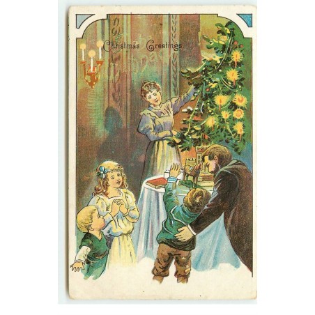 n°16566 - Carte Gaufrée - Christmas Greetings - Famille autour d'un sapin
