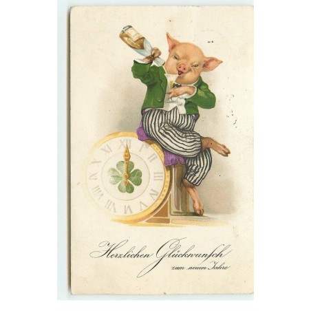n°16579 - Herzlichen Glückwunsch zum neuen Jahr - Cochon habillé buvant du champagne
