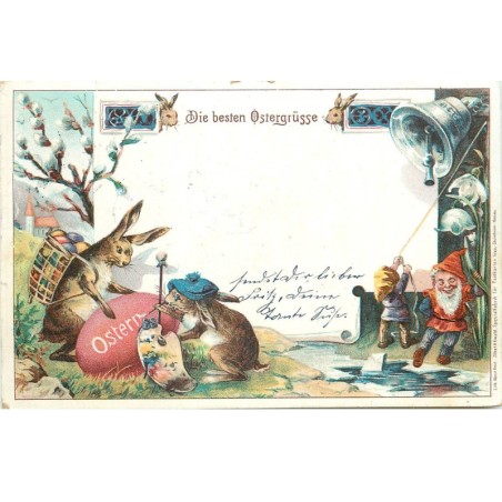 n°16582 - Die besten Ostergrüsse - Lièvres décorant des oeufs, des nains sonnant une cloche