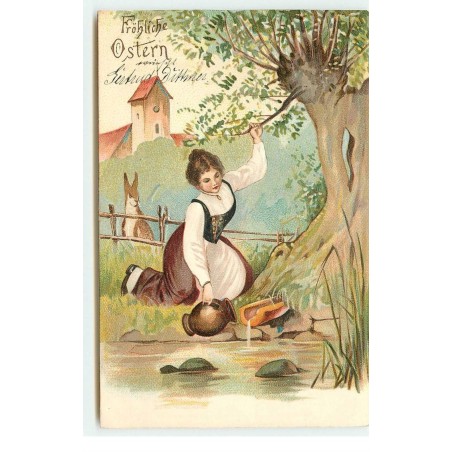 n°16589 - Carte Gaufrée - Fröhliche Ostern - Jeune femme remplissant d'eau une cruche