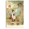 n°16589 - Carte Gaufrée - Fröhliche Ostern - Jeune femme remplissant d'eau une cruche