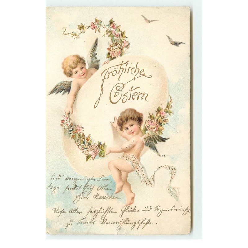 n°16593 - Carte Gaufrée - Fröhliche Ostern - Anges décorant un oeufs avec une guirlande de roses