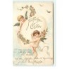 n°16593 - Carte Gaufrée - Fröhliche Ostern - Anges décorant un oeufs avec une guirlande de roses