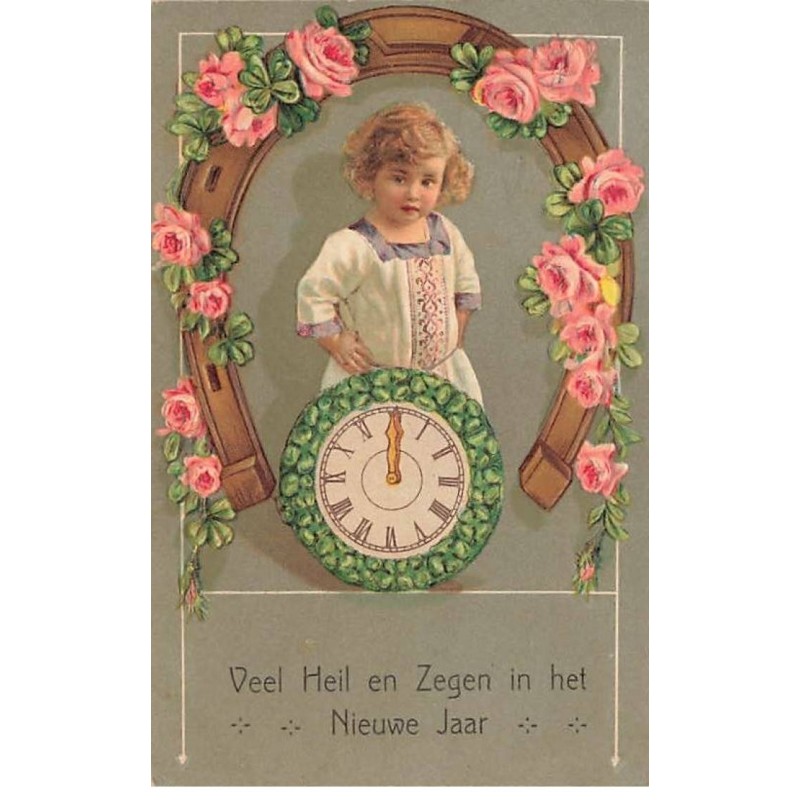 Carte Gaufrée - Nouvel An - Fillette - Horloge - Fer à cheval