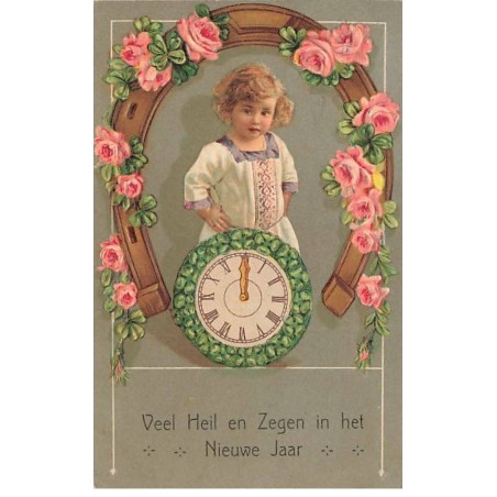 Carte Gaufrée - Nouvel An - Fillette - Horloge - Fer à cheval