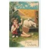 n°16594 - Carte Gaufrée - Fröhe Ostern - Enfant assis près de moutons, ramassant des oeufs