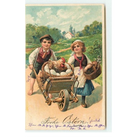 n°16596 - Carte Gaufrée - Fröhe Ostern - Couple d'enfant poussant une brouette rempli d'oeufs