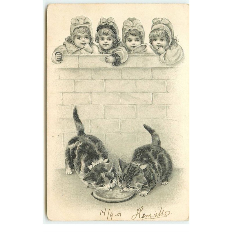 n°16599 - Carte Gaufrée - Fillettes regardant des chat lapant du lait