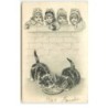 n°16599 - Carte Gaufrée - Fillettes regardant des chat lapant du lait