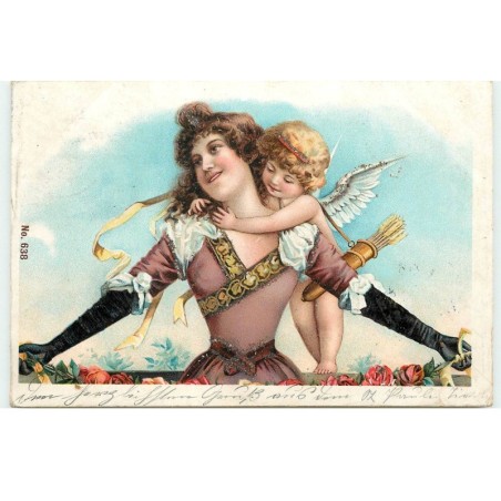 n°16600 - Carte avec Strasses - Cupidon faisant un calin à une jeune femme - Angelot