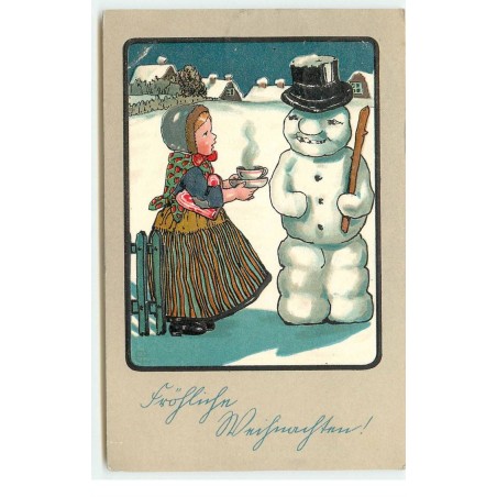 n°16633 - Carte Gaufrée - Style Caspari - Fillette offrant un chocolat chaud à un bonhomme de neige