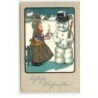 n°16633 - Carte Gaufrée - Style Caspari - Fillette offrant un chocolat chaud à un bonhomme de neige