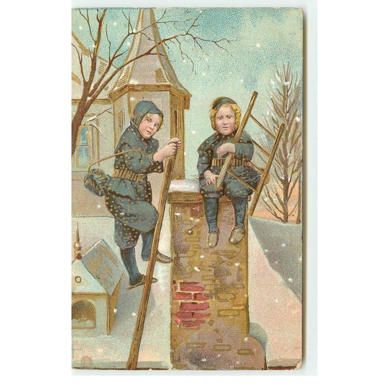 n°16641 - Carte Gaufrée - Deux ramoneurs sur une cheminée