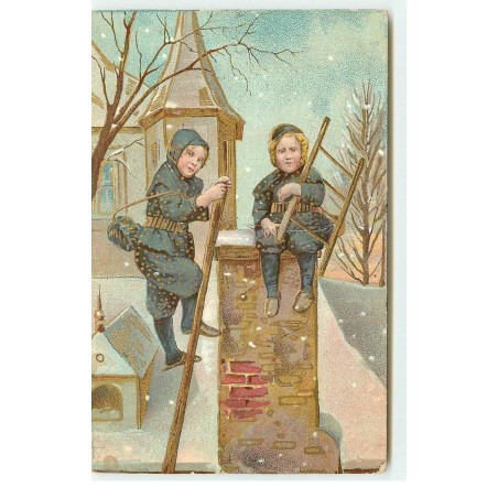 n°16641 - Carte Gaufrée - Deux ramoneurs sur une cheminée