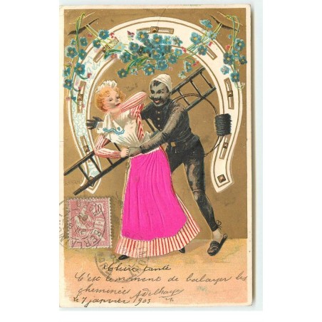 n°16643 - Carte Gaufrée - Ramoneur embêtant une jeune femme