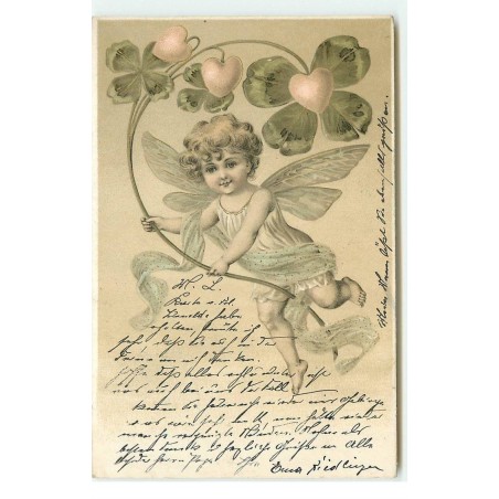 n°16646 - Carte Gaufrée - Ange jouant avec des trèfles et des coeurs