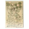 n°16646 - Carte Gaufrée - Ange jouant avec des trèfles et des coeurs