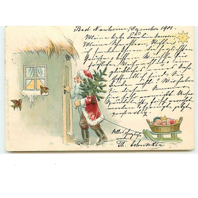 n°10612 - Carte Fantaisie Gaufrée - Père Noël tirant une luge - cachet Pension Victoria Bad Nauheim  Hessen