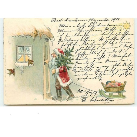 n°10612 - Carte Fantaisie Gaufrée - Père Noël tirant une luge - cachet Pension Victoria Bad Nauheim  Hessen