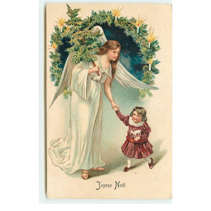 n°16680 - Carte Gaufrée - Joyeux Noël - Ange gardien tenant par la main une fillette