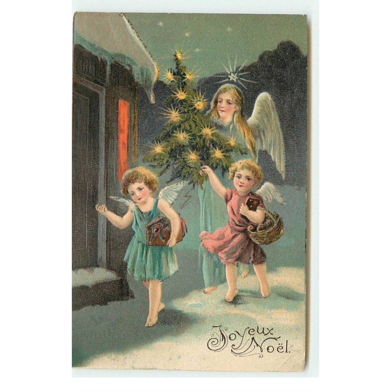 n°16681 - Carte Gaufrée - Joyeux Noël - Ange gardien et des angelots apportant des cadeaux
