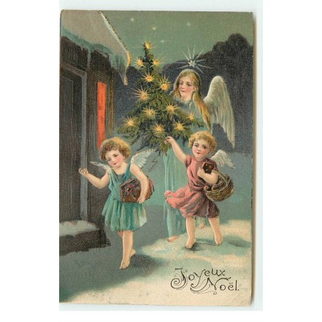 n°16681 - Carte Gaufrée - Joyeux Noël - Ange gardien et des angelots apportant des cadeaux