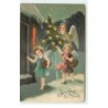 n°16681 - Carte Gaufrée - Joyeux Noël - Ange gardien et des angelots apportant des cadeaux