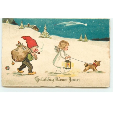 n°16688 - Gelukkig Nieuw Jaar - Lutin fumant la pipe suivant un angelot tenant en laisse un chien