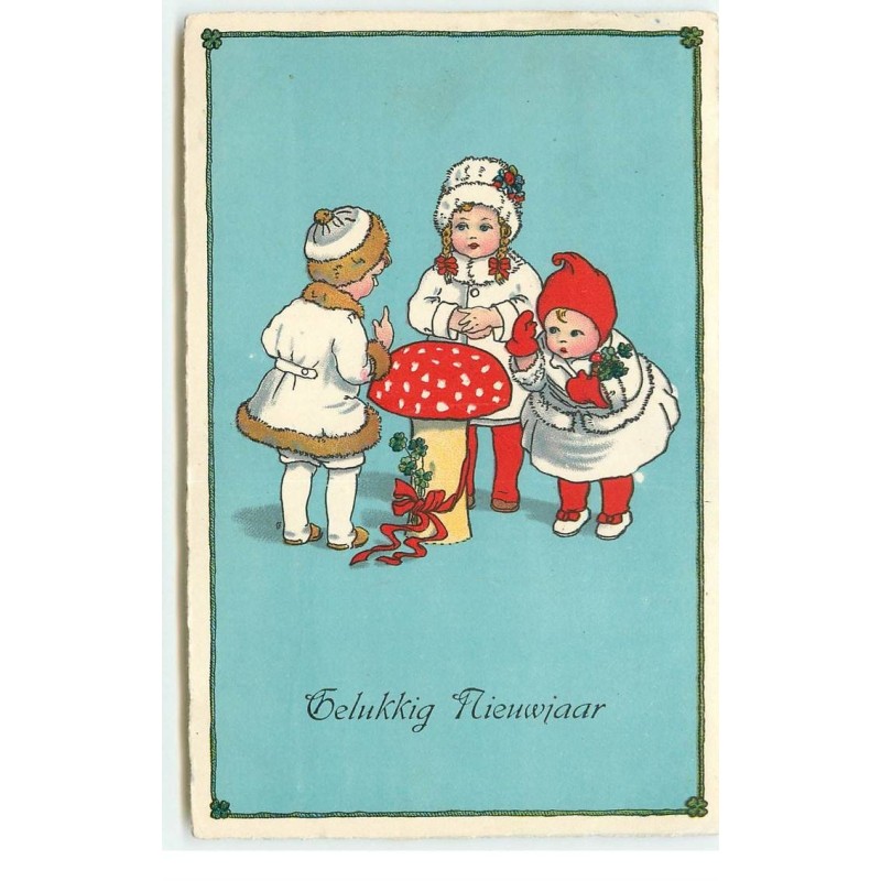 n°16692 - Style Ebner - Gelukkig Nieuwjaar - Fillettes autour d'un champignon