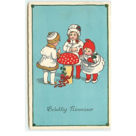 n°16692 - Style Ebner - Gelukkig Nieuwjaar - Fillettes autour d'un champignon