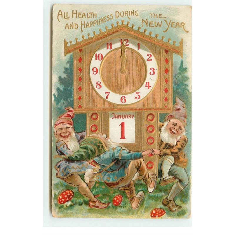 n°16696 - All Health and Happiness during the New year - Lutins faisant une ronde autour d'une pendule