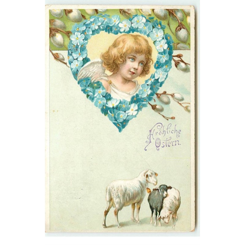 n°16698 - Fröhliche Ostern - Tête d'ange dans un coeur, et des moutons
