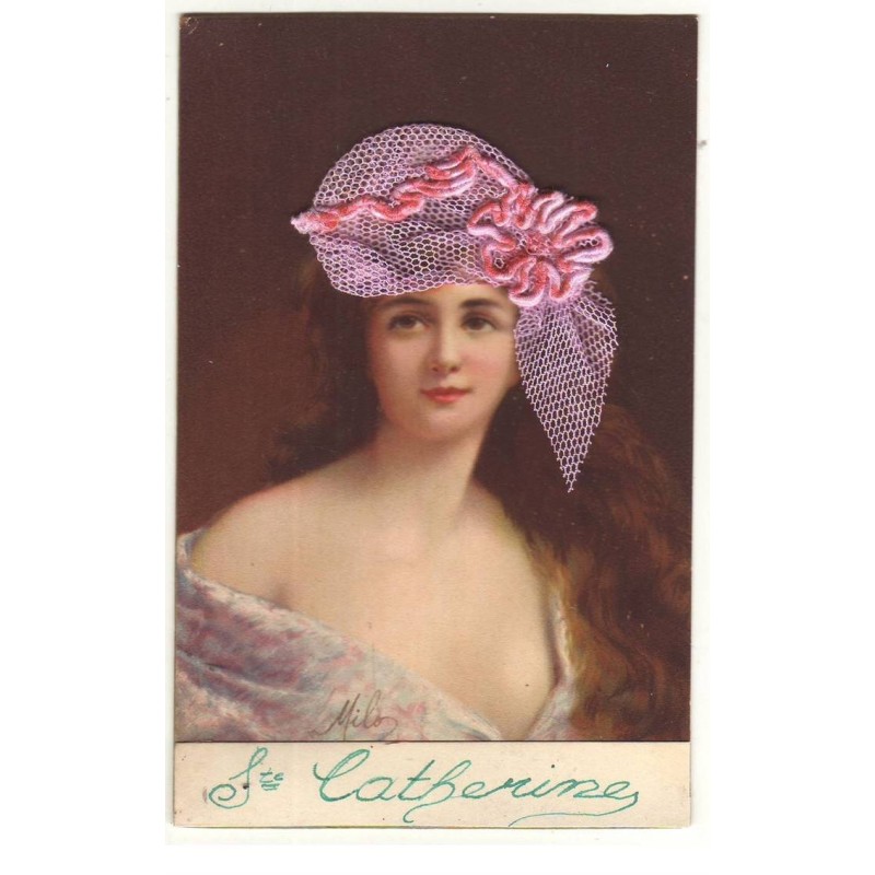n°16702 - Bonnet Sainte-Catherine - Jeune Femme portant un chapeau en tulle rose
