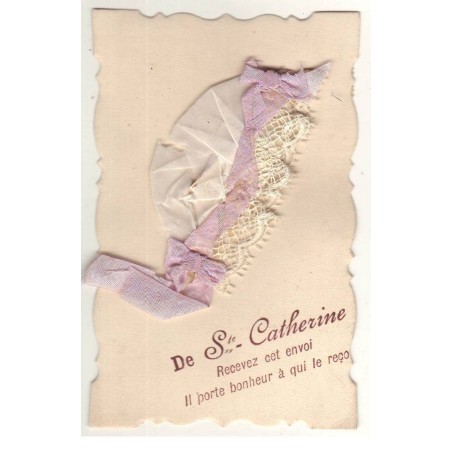 n°16705 - Bonnet Sainte-Catherine - De Ste-Catherine recevez cet envoi .... - Bonnet blanc avec un ruban mauve