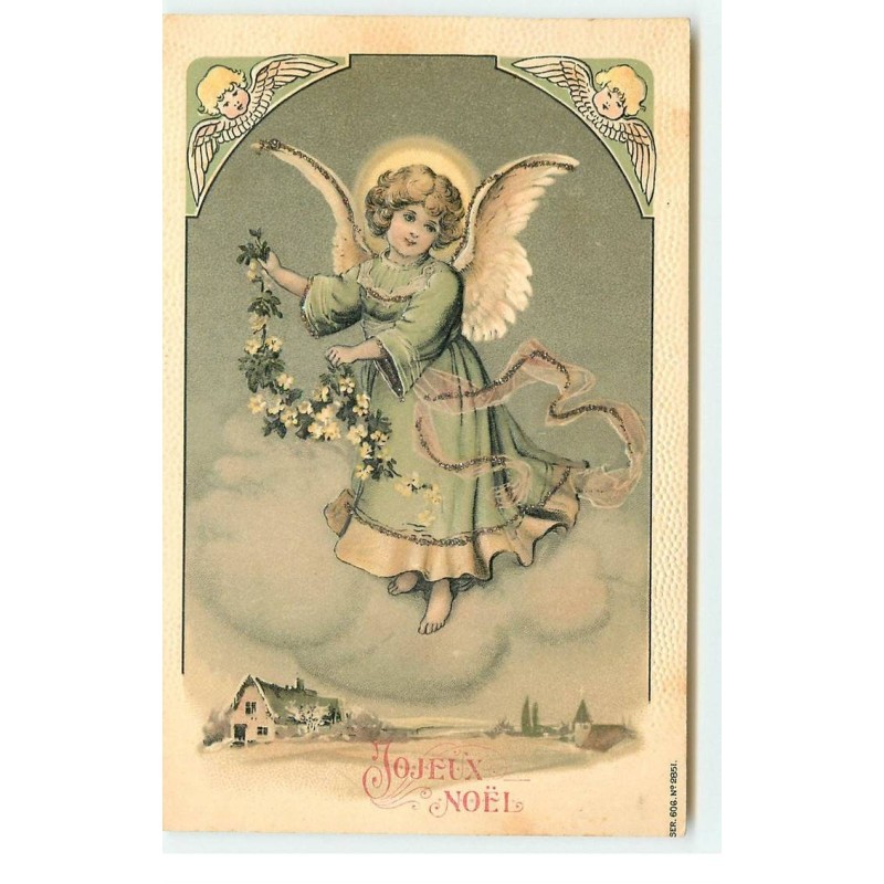 n°16716 - Carte Gaufrée - Joyeux Noël - Ange apportant une guirlande fleurie